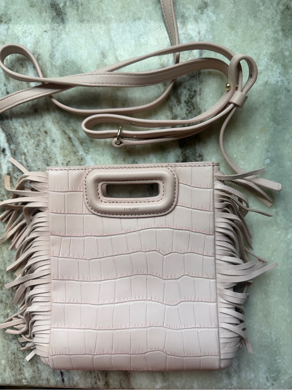 Maje M Pale Pink Croc Embossed Leather Fringe Crossbody Bag. NEW!